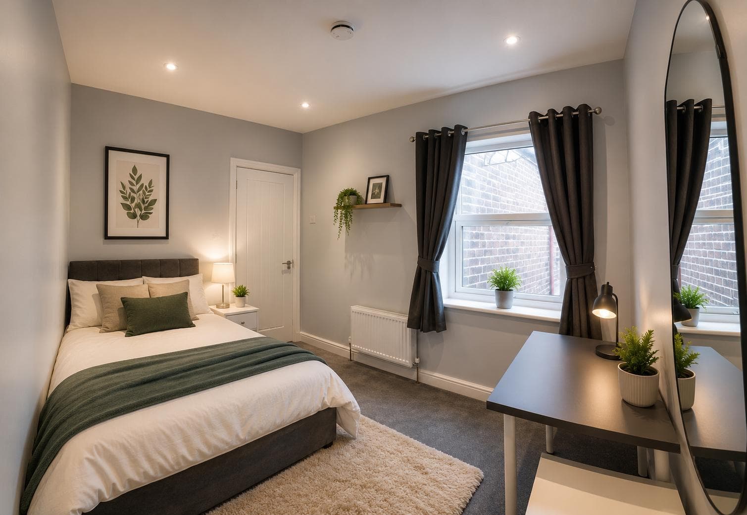 A double bedroom with a desk and mirror in a student house a short walk from Staffordshire University
