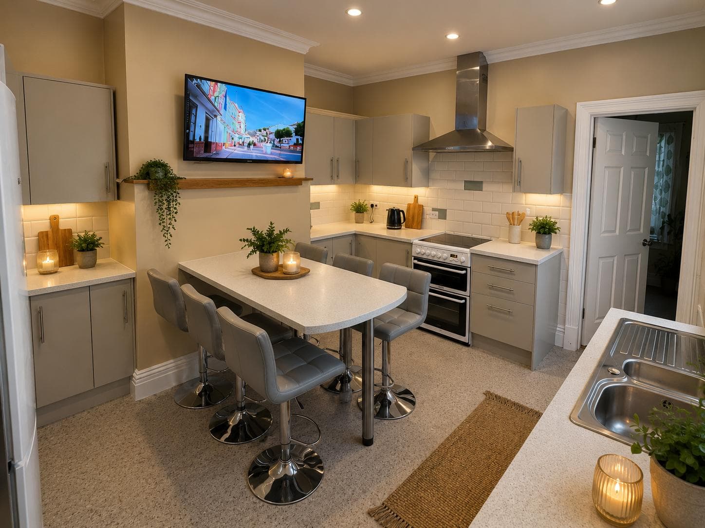 A student house kitchen with a breakfast bar and double oven, the appliances a weekly all-in price has to cover